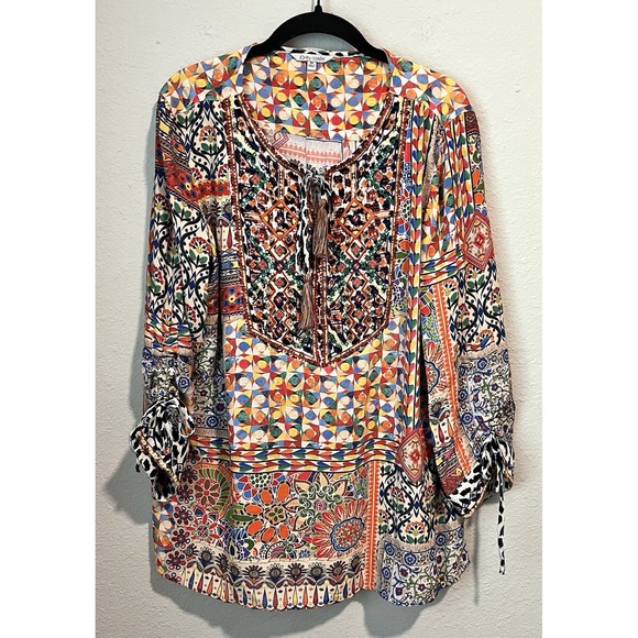 John Mark Tops - John Mark Top Medium Artsy Peasant Colorful Tunic Floral Embroidered Boho